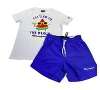 Champion Legacy Back To The Beach AC S/S T-Shirt & Beachshorts Completo, (Bianco/Blu Cobalto), 13-14 Anni Bambini e Ragazzi