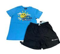 Champion Legacy Back To The Beach AC S/S T-Shirt & Beachshorts Completo, (Celeste/Nero), 9-10 Anni Bambini e Ragazzi