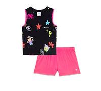 Champion Legacy Fun Club-all-Over-Tank Top & Shorts Completo, (Nero/Rosa Fluorescente), 5-6 Anni Bambine e Ragazze