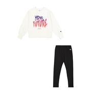 Champion Legacy Script Shop G (405043) -Ultra-Light Soft Compact Powerblend Fleece Crewneck & Leggings Completo, Marshmallow/Nero (STR/NBK), 5-6 Anni Bambina