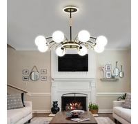 Chandelier 6-Lights Globe Mid Century Chandelier Sputnik Light Fixture with G9 Brushed Metal Finished with White Globe Glass Lampshade Dining Kitchen Island Bedroom Hanging/Black