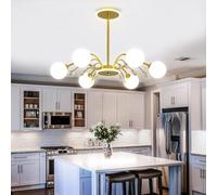 Chandelier 6-Lights Globe Mid Century Chandelier Sputnik Light Fixture with G9 Brushed Metal Finished with White Globe Glass Lampshade Dining Kitchen Island Bedroom Hanging/D/6 L