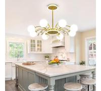Chandelier 6-Lights Globe Mid Century Chandelier Sputnik Light Fixture with G9 Brushed Metal Finished with White Globe Glass Lampshade Dining Kitchen Island Bedroom Hanging/D/8 L