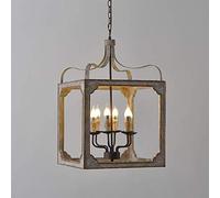 Chandelier Light, Farmhouse Rectangular Pendant Light Wood And Metal Candle Chandelier Adjustable Height Pendant Light Compatible with Kitchen Bathroom Dining Room Bedroom Hallway(6 Head)