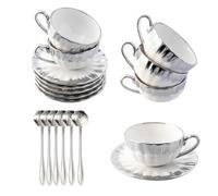 CHANJOON Set di 6 tazze da tè con vassoio da tè, cucchiaino da tè, tazza da caffè in ceramica da 99,2 g, con bordo placcato oro elettrolitico e confezione regalo, tazze da caffè inglesi (colore
