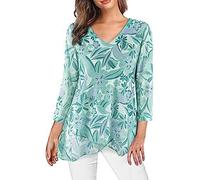 Chanpning Camicie Donna Casual in Chiffon Camicia Elegante di 3/4 Manica a Volant Scollo a V Bluse Leggero Classiaca Larghi Comode Camicette Classica Taglie Forti Maglietta da Spiaggia