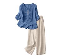 Chanpning Completo Donna Lino Manica Corta 2 Pezzi Pantalone Lungo Estivo Tuta Elegante Maniche 3/4 Completo Casual Curvy Tute Estiva Completi Leggera Comodi Set Cerimonia Casa Larghi Palestra