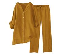 Chanpning Completo Lino Donna Cerimonia 2 Pezzi Camicia E Pantaloni Cotone Tuta Elegante Comodi Completo Estiva Leggera Tute Casual Set Curvy Taglie Forti Completi Vacanza Mare Larghi Sportiva