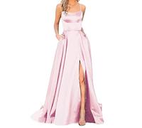 Chanpning Elegante Abito da Donna Lungo Abiti con Tasche in Raso Linea A Vestiti Schiena Scoperta da Matrimonio Sexy Abito con Allacciatura al Collo Vestito da Principessa Tinta Unita Damigella