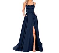 Chanpning Elegante Abito da Donna Lungo Abiti con Tasche in Raso Linea A Vestiti Schiena Scoperta da Matrimonio Sexy Abito con Allacciatura al Collo Vestito da Principessa Tinta Unita Damigella