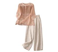 Chanpning Tuta Donna Elegante Lino 2 Pezzi Camicia E Pantaloni Cotone Tuta Elegante Comodi Completo Estiva Curvy Tute Casual Completi Leggera Maniche 3/4 Set Vacanza Casa Taglie Forti Drop Shoulder