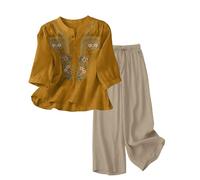Chanpning Tuta Lino Donna Completa 2 Pezzi Pantalone Lungo Estivo Completo Elegante Maniche 3/4 Tuta Casual Curvy Tute Estiva Completi Leggera Larghi Set Casa Mare Taglie Forti Drop Shoulder