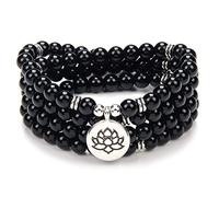 Chanting Mala Prayer Beads 108 Bracciale collana per meditazione con piccolo ciondolo fiore di loto (Agata nera (Black Agate))