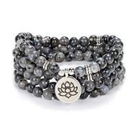 Chanting Mala Prayer Beads 108 Bracciale collana per meditazione con piccolo ciondolo fiore di loto (Labradorite grigia (Grey Labradorite))