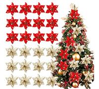 Chanurae 24 pcs Decorazioni Fiori Artificiali Natale Glitter Poinsettia Fiori Finti Ornamenti Alberi Natale per Addobbi Albero di Natale