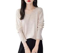 Chanyarn Donna 100% Lana Merino Maglie Termiche Maglietta Scollo a V Manica Lunga Viaggio Escursionismo T-Shirt Termiche Base Layer (Beige,L)