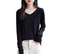 Chanyarn Donna 100% Lana Merino Maglie Termiche Maglietta Scollo a V Manica Lunga Viaggio Escursionismo T-Shirt Termiche Base Layer (Black,XL)