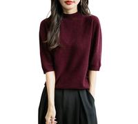 Chanyarn Donna 100% Lana Merino Manica Corta Maglione 2025 Primavera Estate Inverno Morbido Collo a Lupetto Senza Cuciture Maglia Maglione (Dark Red,L)