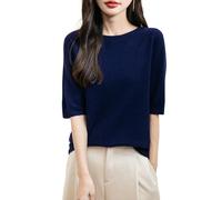Chanyarn Donna 100% Lana Merino Manica Corta Maglione 2025 Primavera Estate Inverno Morbido Girocollo Senza Cuciture Maglia Maglione (Navy Blue,M)