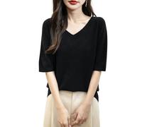 Chanyarn Donna 100% Lana Merino Manica Corta Maglione 2025 Primavera Estate Inverno Morbido Scollo a V Senza Cuciture Maglia Maglione (Black,M)
