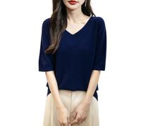 Chanyarn Donna 100% Lana Merino Manica Corta Maglione 2025 Primavera Estate Inverno Morbido Scollo a V Senza Cuciture Maglia Maglione (Navy Blue,S)