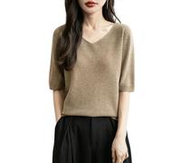 Chanyarn Donna 100% Lana Merino Manica Corta Maglione 2025 Primavera Estate Inverno Morbido Scollo a V Senza Cuciture Maglia Maglione (Tan,L)