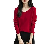Chanyarn Maglione da Donna 100% Lana Merino con Scollo a V 2025 Casual a Maniche Lunghe Senza Cuciture Maglia Maglione (Red,L)