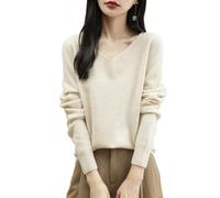 Chanyarn Maglione da Donna 100% Lana Merino con Scollo a V 2025 Casual a Maniche Lunghe Senza Cuciture Maglia Maglione (Beige,S)