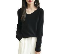 Chanyarn Maglione da Donna 100% Lana Merino con Scollo a V 2025 Casual a Maniche Lunghe Senza Cuciture Maglia Maglione (Black,S)