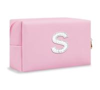 ChaoGreat Regali per la sposa - Borsa per il trucco personalizzata con iniziale con toppa con strass perla, astuccio per cosmetici/articoli da toeletta con monogramma rosa, regalo per damigella