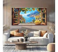 CHAOJIART Dipinto su tela moderno astratto con limoni costieri e Mar Mediterraneo - Vista da finestra aperta con limoni, per arredo cucina (40x80 cm/tela rivestita)