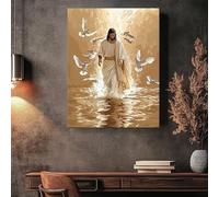 CHAOJIART Gesù Cristo in vesti bianche con colombe, dipinto su tela, scena illuminata in oro, arte murale bohémien per l'arredamento del soggiorno (60x80 cm/tela avvolta)