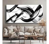 CHAOJIART Moderna pittura astratta da parete in bianco e nero, pittura a inchiostro su tela, decorazione contemporanea orizzontale per soggiorno e camera da letto (40x80 cm/tela rivestita)