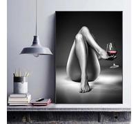 CHAOJIART Poster e stampe di donne nude Dipinti su tela con bicchiere di vino Ragazza sexy in bianco e nero Figura Arte della parete per la decorazione del soggiorno 80x120 cm Senza cornice