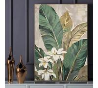 CHAOJIART Quadro su tela grande, moderno, astratto, floreale, arte murale - Foglie verdi e fiori bianchi, stampa per soggiorno e camera da letto, 70X100 cm, senza cornice