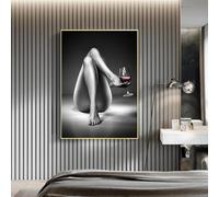 CHAOJIART Stampe su tela Donna nuda Pittura su bicchiere di vino Bianco nero Ragazza sexy Poster Arte della parete Immagini moderne per la decorazione del soggiorno 50x70 cm Senza cornice