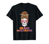 Chaos Coordinator Funny Skull Messy Chun Mom Life Maglietta