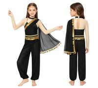 Chaoyinn Bambini Abito da Ballo Arabo Principessa Pantaloni Lanterna E Abiti Una Pezza Lucenti con Sequine Pezzi Maglia Maglie Lunghe Natale Nero 7-8 Anni