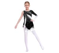 Chaoyinn Bambini Vestito Danza Latino Jazz Una Manica Strass Abito Pattinaggio Artistico Competizione Bambina Body Ginnastica Ritmica Nero 11-12 anni