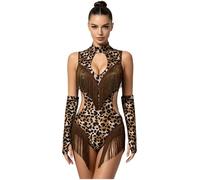 Chaoyinn Body Ginnastica Artistica Donna Vestiti Performance con Fiocchi Unitard Danza Latina Frangiato Tuta da Pattinaggio Artistico Jazz Marrone XXL
