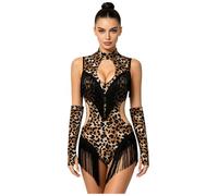 Chaoyinn Body Ginnastica Artistica Donna Vestiti Performance con Fiocchi Unitard Danza Latina Frangiato Tuta da Pattinaggio Artistico Jazz Nero XL