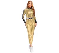 Chaoyinn Pilota Di Auto Costume Da Corsa Donna Tuta Da Pilota Lucida Con Zip Anteriore E Cintura A Scacchi Oro S