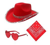 Chapeau De Cowboy Rose, Cowboy Pour Femmes, Cappello da Cowgirl Rosa, Avec Lunette Et Rosa Bandana Bordure À Paillettes Argentées - per festival, Concerti, Déguisements Enterrements Vie