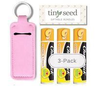 Chapstick, set di 3 balsami per labbra al gusto di pesche e crema e portachiavi con porta balsamo per le labbra, edizione limitata della collezione I Love Summer, confezione regalo unica Tiny Seed,