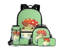 chaqlin Borse scolastiche per ragazze zaini borsa termica per il pranzo per bambini 4 pezzi per il rientro a scuola borsa porta bottiglie d'acqua grande capacità astuccio con scomparti, Fungo Rana