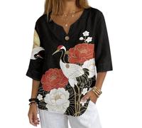 chaqlin Camicia in lino con bottoni da donna con scollo a V, camicetta estiva in lino, top casual a maniche corte per le donne, Gru di lavaggio dell'inchiostro, XL