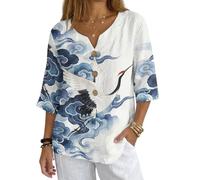 chaqlin Camicia in lino con bottoni da donna con scollo a V, camicetta estiva in lino, top casual a maniche corte per le donne, Gru dalla corona rossa, L