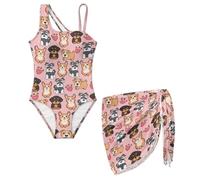 chaqlin Costume da bagno per ragazze con copricostume, costume intero per ragazze, controllo della pancia, costume da bagno per bambini da 7 a 18 anni, Simpatico cagnolino., 17-18 Years