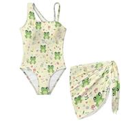 chaqlin Costume da bagno per ragazze con copricostume, costume intero per ragazze, controllo della pancia, costume da bagno per bambini da 7 a 18 anni, Graziosa rana, 11-12 Anni