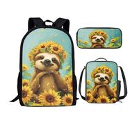 chaqlin Set di 3 zaini per la scuola per bambini con borsa per il pranzo borsa portamatite animale dinosauro lupo calcio stampato ragazzo ragazze librerie, Bradipo Girasole, Taglia unica, Zaino per